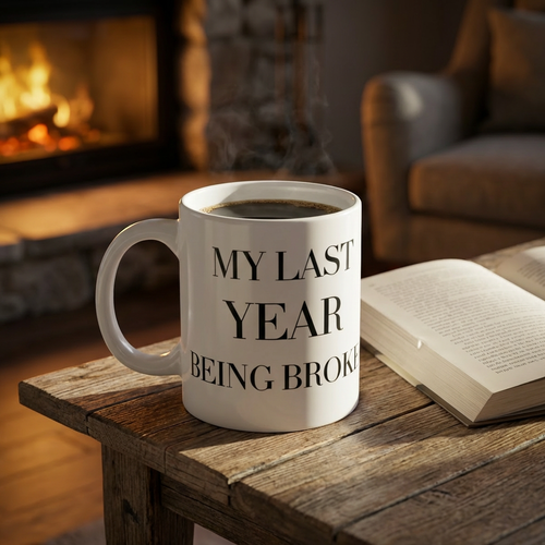 "My Last Year Being Broke" — Motivational Coffee Mug